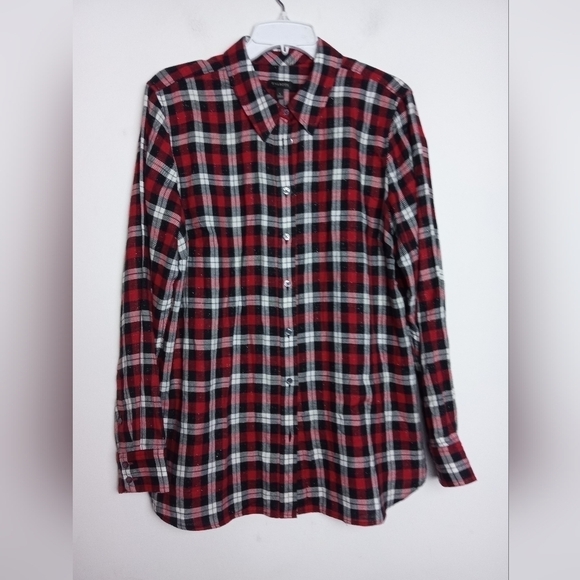 Talbots Black, White & Red Plaid Metallic Cotton Button Down Blouse size Large - Picture 7 of 10